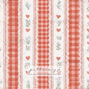 Aquarell Herz Gingham Muster Digitales Papier - Rot karierte Streifen mit Spitze, romantisches nahtloses Design