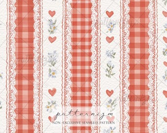Papier cyfrowy z wzorem w kratkę gingham w akwarelowe serca – czerwone paski w kratkę z koronką, romantyczny, bezszwowy wzór