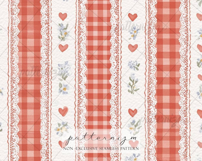 Watercolor Heart Gingham Pattern Digital Paper – Red Checkered Stripes with Lace, Romantic Seamless Design