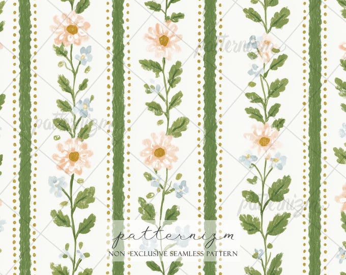 Seamless Floral Stripe Pattern Digital Download – Painted Wildflowers, Soft Botanical Fabric Design