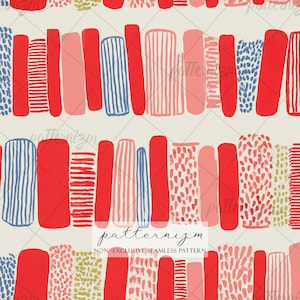 May include: Seamless pattern design featuring vertical abstract shapes in red, pink, blue, and yellow-green on a cream background. The design includes solid blocks, stripes, and dotted patterns. The text "patternizm" and "NON EXCLUSIVE SEAMLESS PATTERN" are at the bottom.