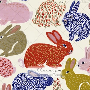 May include: A repeating pattern of colorful rabbits in various poses. The rabbits are depicted in shades of pink, red, blue, green, and brown, with textured brushstrokes. The background is a light beige color. The text "patternizm" is at the bottom.