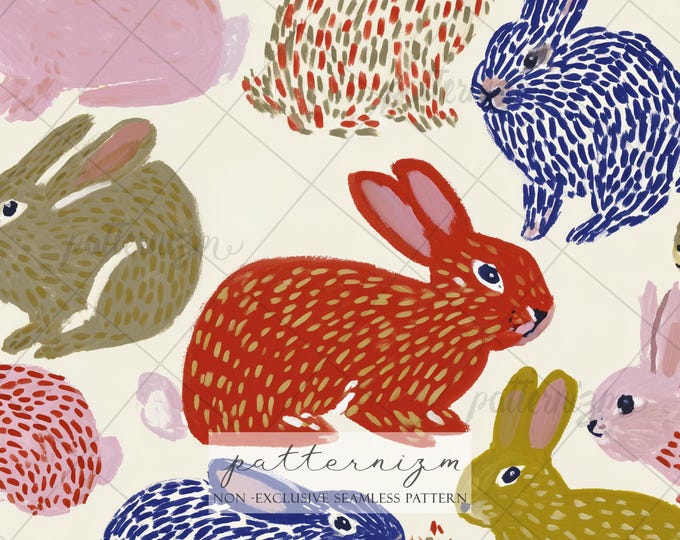 Whimsical Rabbit Seamless Pattern Digital Download – Textured Bunny Design, Woodland Animal Printable, Spring Easter Fabric for Kids Nursery