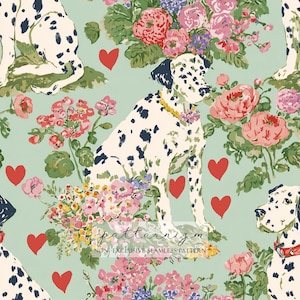 May include: Seamless pattern featuring Dalmatian dogs with black spots, surrounded by red hearts and floral bouquets in shades of pink, purple, and green. The background is a light teal color. The text "patternizm" is at the bottom.