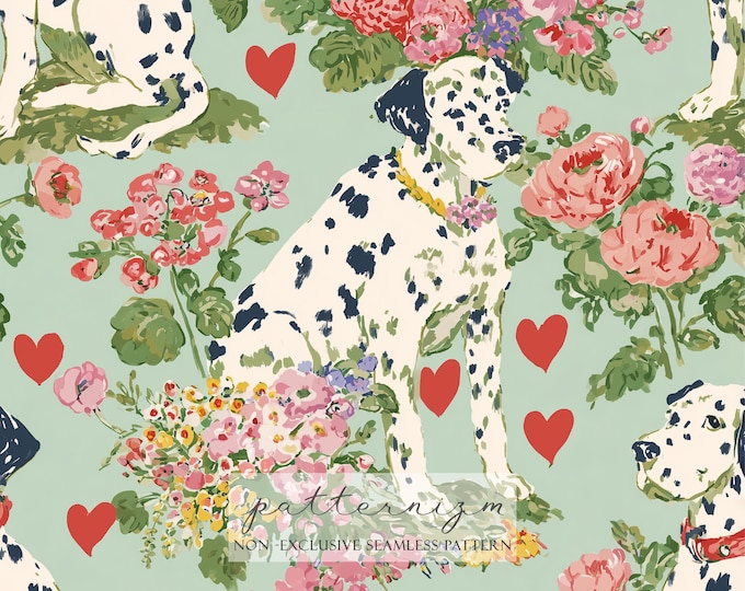 Dalmatian Dog Floral Seamless Pattern – Vintage Flowers and Hearts Repeat Design for Fabric, Scrapbook & Crafts, Digital Download