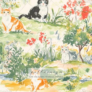 May include: Seamless pattern featuring watercolor illustrations of cats in a garden setting. The design includes orange, black and white, and gray cats amidst flowers and greenery. The text "patternizm" and "NON-EXCLUSIVE SEAMLESS PATTERN" are at the bottom.