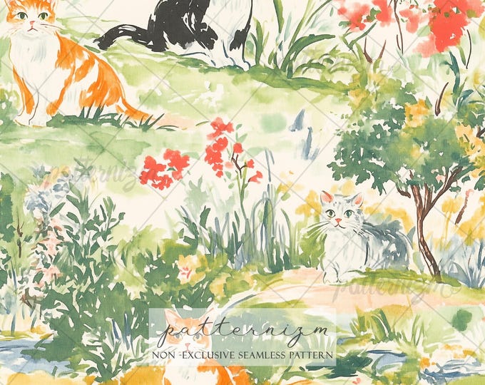 Seamless Watercolor Cat Pattern Digital Download – Whimsical Ginger & Black Cat in Floral Garden, Pet Lover Fabric for Kids Nursery