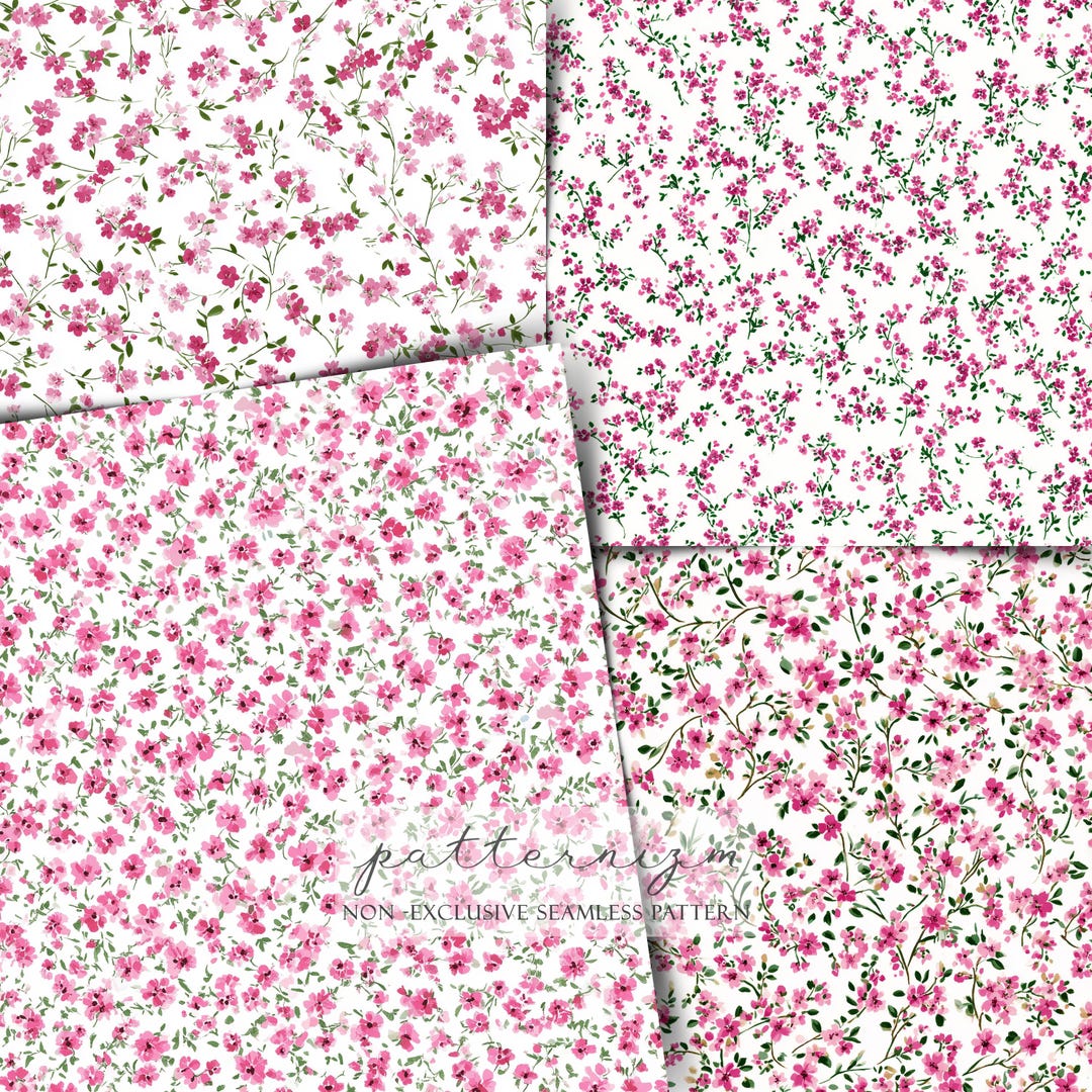 40 Pink Ditsy Floral Seamless Pattern Paper Pack, Tiny Flowers ...