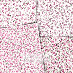 Pode incluir: Quatro padrões sem costura com um delicado design floral. Os padrões apresentam pequenas flores rosa com folhas verdes sobre um fundo branco. A imagem inclui o texto "patterniz" e "NON-EXCLUSIVE SEAMLESS PATTERN".
