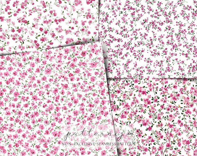 40 Pink Ditsy Floral Seamless Pattern Paper Pack, Tiny Flowers Background for Scrapbooking & Fabric, Digital Download, Trending