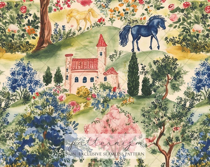 Seamless Horse Landscape Pattern Digital Download – Vintage Countryside Garden Scene with Horses, Cottagecore Fabric Print