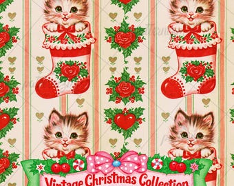 Vintage Christmas Cat Seamless Pattern, Retro Kitten Stocking Holiday Fabric, Holly Hearts Digital Download