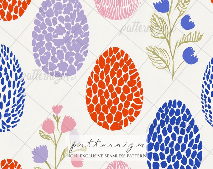Seamless Abstract Egg Pattern Digital Download – Scandinavian Folk Floral Design, Red Blue Pastel Shapes, Modern Whimsical Printable