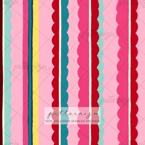 May include: A seamless pattern featuring vertical stripes on a light pink background. The design includes alternating scalloped bands in red and hot pink, straight stripes in teal, yellow, and dark blue, and thin white lines. Text reads patternizm.