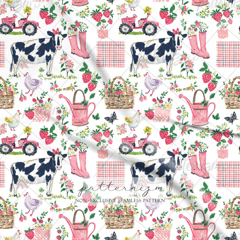 K&ouml;nnte beinhalten: Ein sich wiederholendes Muster mit einer Kuh, einem Traktor, rosa Gummistiefeln, einer Gie&szlig;kanne, Erdbeeren, Blumen und einem Huhn auf wei&szlig;em Hintergrund. Der Text "patternizm" und "NON EXCLUSIVE SEAMLESS PATTERN" sind ebenfalls sichtbar.