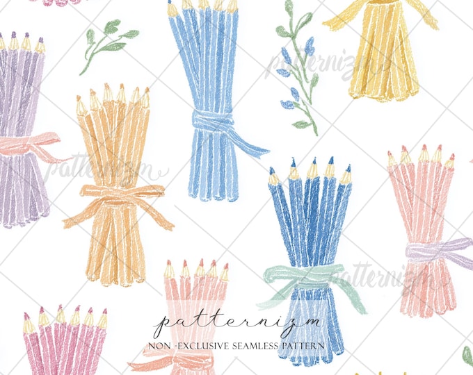 Seamless Back to School Pencil Pattern Digital Download – Cute Pastel Colored Pencil Bundles for Kids Fabric, Classroom Design