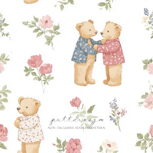 May include: Seamless pattern featuring watercolor illustrations of teddy bears in floral shirts, surrounded by pink and purple flowers and green leaves on a white background. The text "patternizm" is also present.