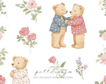 Romantic Teddy Bear Seamless Pattern Digital Paper – Soft Watercolor Patchwork for Nursery & Kids Decor