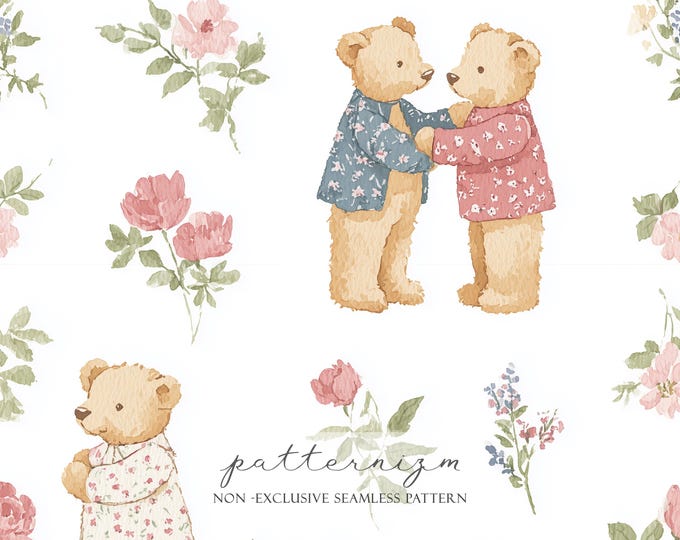 Romantic Teddy Bear Seamless Pattern Digital Paper – Soft Watercolor Patchwork for Nursery & Kids Decor