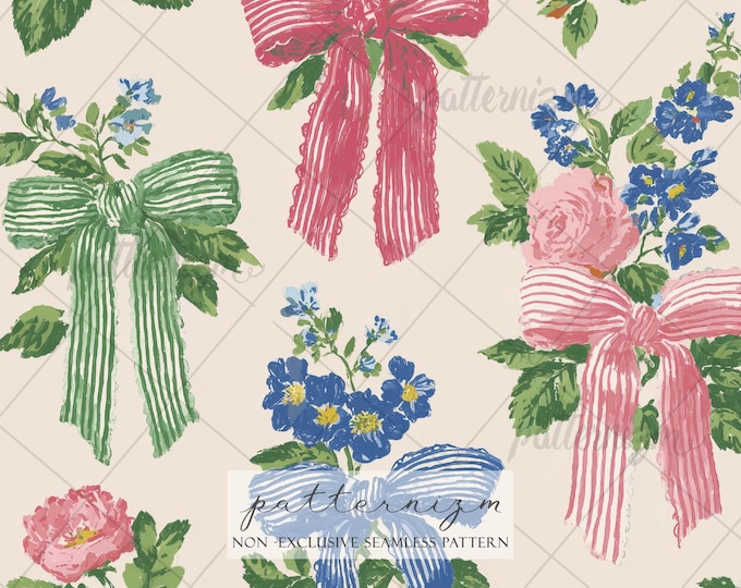Seamless Vintage Coquette Bow Pattern Digital Download – Floral Ribbon Garden Design, Romantic Cottagecore Print, Feminine Fabric