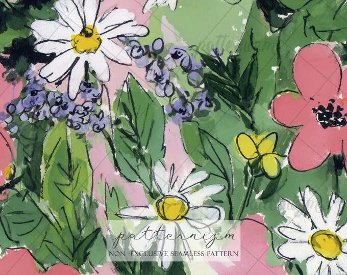 Seamless Wildflower Pattern Digital Download – Daisy & Pink Floral Design, Cottagecore Garden Print, Spring Botanical Fabric