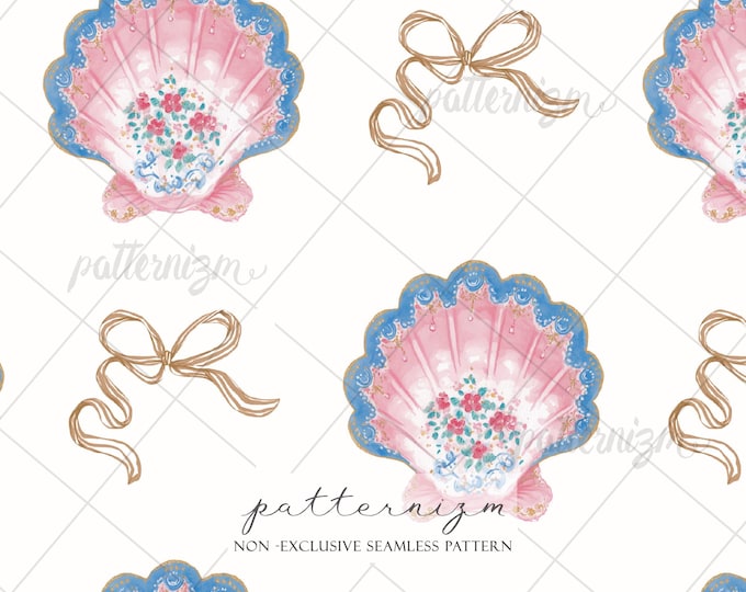 Seamless Pink Shell Pattern Digital Download – Coquette Seashell & Bow Design, Feminine Coastal Print, Cute Fabric