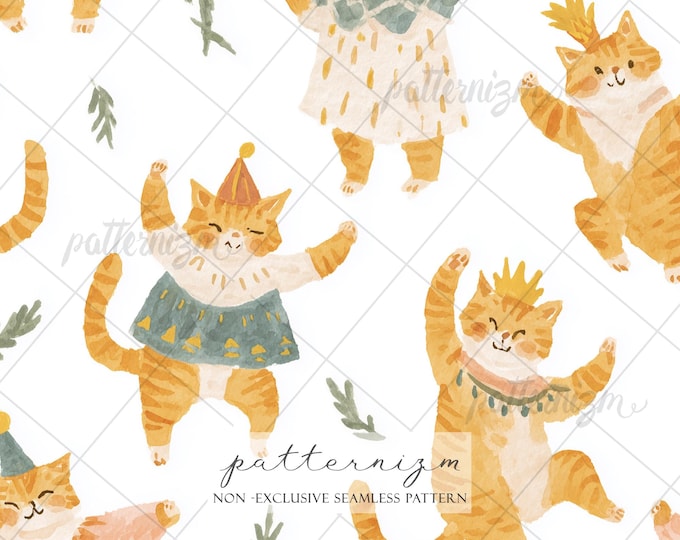 Seamless Birthday Cat Pattern Digital Download – Cute Dancing Kitty Party Design, Whimsical Celebration Print, Kids Fabric