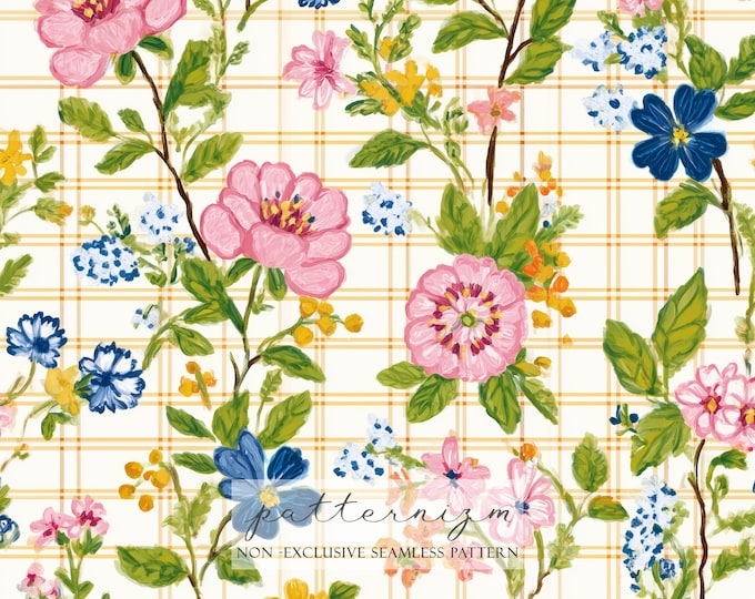 Mothers Day Floral Seamless Pattern – Painted Flowers on Soft Plaid Background, Feminine Digital Paper
