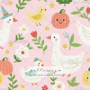 May include: A seamless pattern on a light pink background featuring white geese, some wearing hats, yellow chicks, orange pumpkins with faces, white flowers, red tulips, and small yellow stars. The text patternizm NON-EXCLUSIVE SEAMLESS PATTERN is centered.