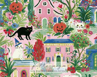 Seamless Halloween Cat Town Pattern Digital Download – Witch Cat Pumpkin Design, Spooky Pink Village Print, Whimsical Fabric for Kids Crafts