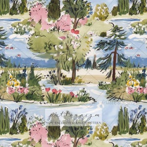 Könnte beinhalten: Nahtloses Aquarellmuster mit einer ruhigen Landschaft mit Bäumen, Blumen und einem Gewässer. Das Design umfasst rosa, gelbe und rote Blumen, mit einem hellblauen Himmel und Wasser. Der Text "patternizm" und "NON-EXCLUSIVE SEAMLESS PATTERN" sind sichtbar.