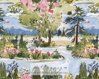 Seamless Garden Landscape Pattern Digital Download – Watercolor River & Floral Meadow Design, Cottagecore Nature Print, Scenic Fabric