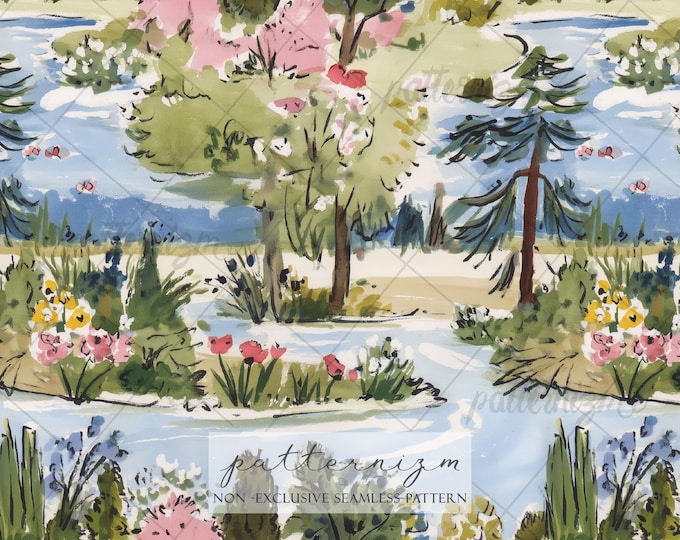 Seamless Garden Landscape Pattern Digital Download – Watercolor River & Floral Meadow Design, Cottagecore Nature Print, Scenic Fabric