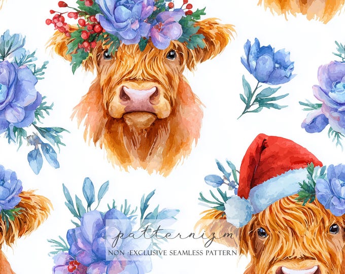 Seamless Highland Cow Christmas Pattern – Watercolor Floral Calf, Holiday Santa Hat & Winter Flowers, Whimsical Farm Animal Fabric Design