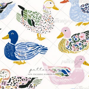 Seamless Decorative Duck Pattern Digital Download – Whimsical Floral Duck Illustration, Cottagecore Farm Fabric Print