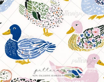 Naadloze decoratief eendpatroon digitale download – Grillige bloemen eendillustratie, print van cottagecore-boerderijstof