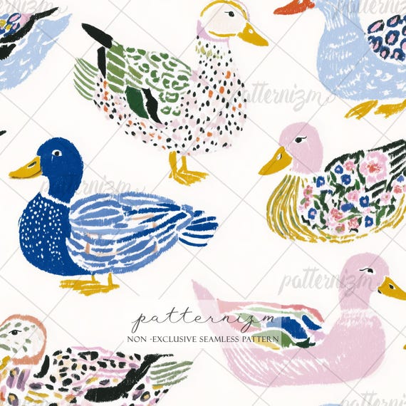 Seamless Decorative Duck Pattern Digital Download – Whimsical Floral Duck Illustration, Cottagecore Farm Fabric Print