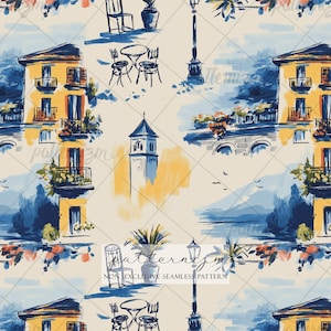 以下が含まれることがあります： イタリアの村の風景を描いた水彩画のシームレスパターン。 黄色の建物、鐘楼、街灯、カフェテーブルが、青色のアクセントが入ったクリーム色の背景に描かれています。
