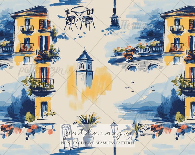 Seamless Mediterranean Village Pattern Digital Download – Painted Coastal Buildings, European Fabric Design