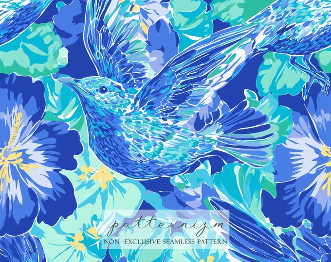 Blue Bird Seamless Pattern – Preppy Artist Painted Style Floral with Mockingbird in Blue and Aqua, Digital Paper for Summer Fabric Crafts