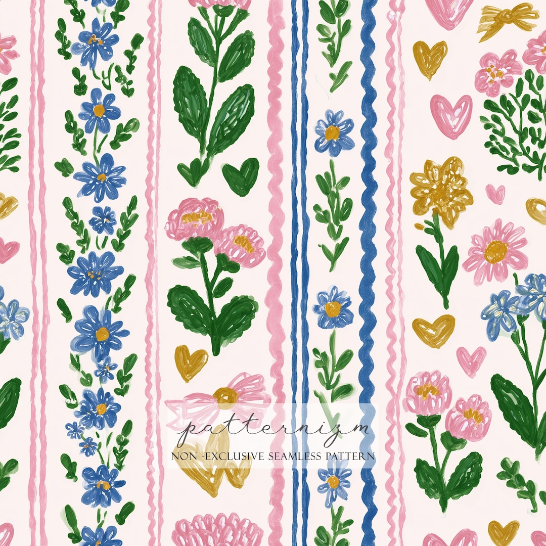 Seamless Floral Stripe Pattern Digital Download – Painted Blue Flowers ...