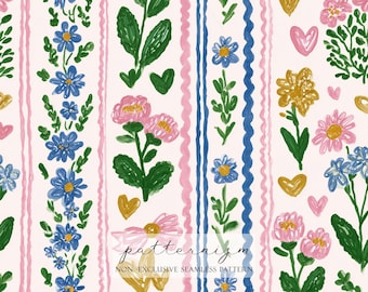 Wzór w paski z motywem kwiatowym do pobrania w wersji cyfrowej – malowane niebieskie kwiaty, różowe obramowania i serca, dziewczęcy wzór w stylu vintage, powtarzalny na tkaninie