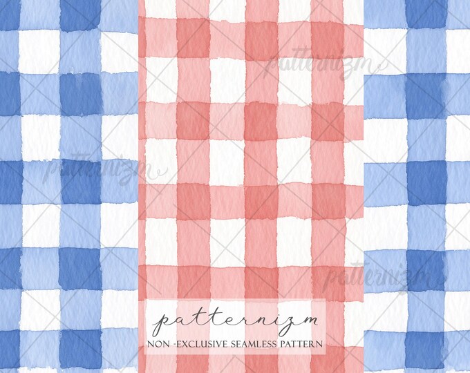 Seamless Patriotic Gingham Pattern Digital Download – 4th of July Americana Red Blue Checkered Design, Watercolor Cottagecore Fabric