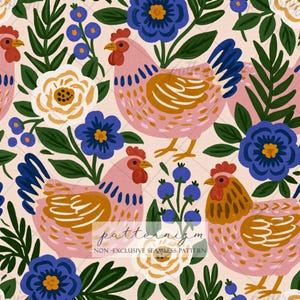 May include: A seamless pattern featuring pink chickens, blue and white flowers, and green foliage on a light pink background. The design includes the text "patternizm" and "NON-EXCLUSIVE SEAMLESS PATTERN".