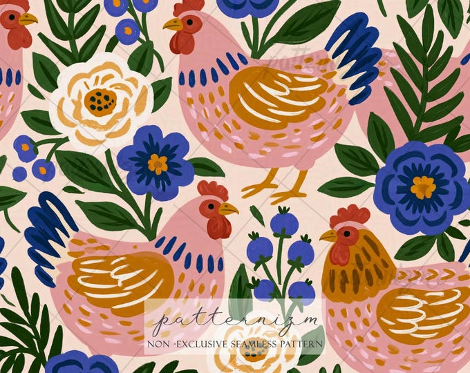Folk Art Chicken Seamless Pattern Digital Download – Scandinavian Floral Hen Print for Fabric, Wallpaper & Crafts