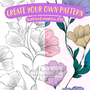 Puede incluir: Diseño de patrón floral con flores rosas, moradas y amarillas con hojas verdes sobre un fondo blanco. El texto "CREATE YOUR OWN PATTERN" se muestra en una pancarta morada. También son visibles las palabras "flattened seamless JPEG".