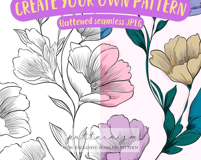 Create Your Own Digital Recolor Seamless Pattern, JPEG, Seamless Template, Editable Surface Design Layout, Black White Floral Seamless