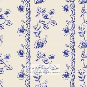 Blå blommig spets sömlöst mönster – Toile-inspirerad vintage randig upprepad design för tyg och hantverk