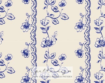 Niebieski, kwiatowy koronkowy wzór bez szwu – powtarzający się wzór w paski inspirowany toile, do tkanin i rękodzieła