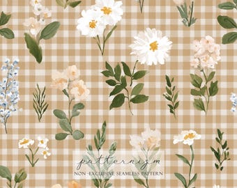 Nahtloses Beige Gingham Botanisches Muster Digital Download - weiche Wildblumen auf Vintage Karo, Cottage Garden Stoff